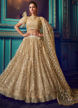 Beige Net Reception Wear Sequins Work Lehenga Choli