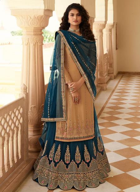 Beige Pure Chinnon Reception Wear Embroidery Work Lehenga Suit