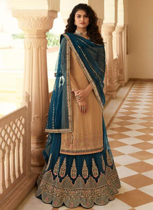 Beige Pure Chinnon Reception Wear Embroidery Work Lehenga Suit