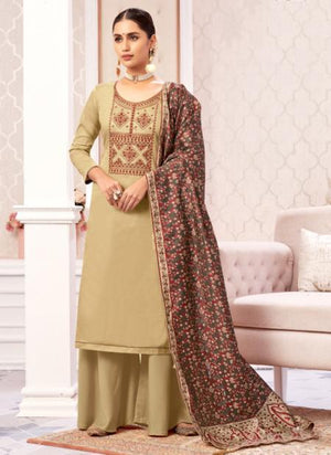 Beige Pure Jam Cotton Casual Wear Swarovski Work Palazzo Suit