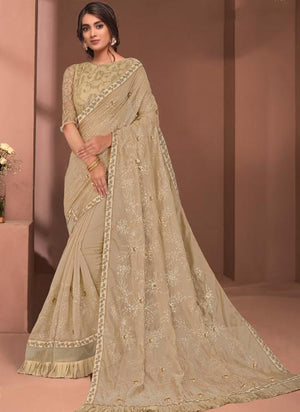 Beige Tissue Party Wear Sequins Work Saree