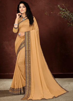 Beige Vichitra Silk Traditional Wear Stone Work Saree