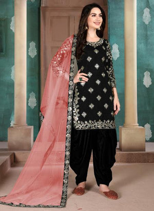 Black Art Silk Festival Wear Embroidery Work Patiala Suit