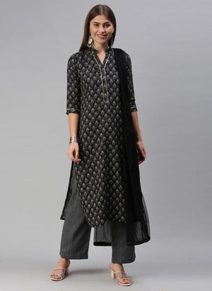 Black Cotton Blend Daily Wear Printed Work Straight Suit