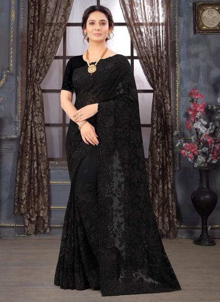 Black Georgette Wedding Wear Embroidery Work Saree