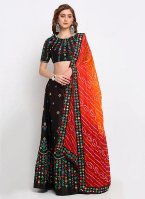 Black Satin Silk Traditional Wear Thread Work Lehenga Choli