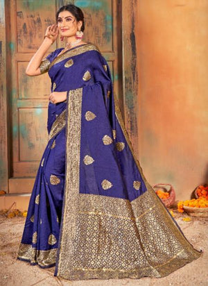 Blue Banarasi Silk Traditional Wear Weaving Saree