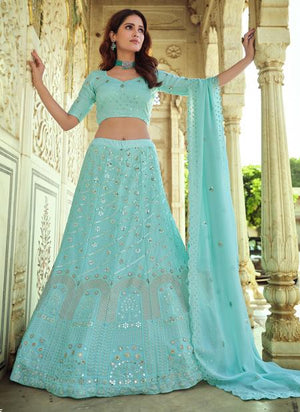 Blue Georgette Reception Wear Thread Work Lehenga Choli