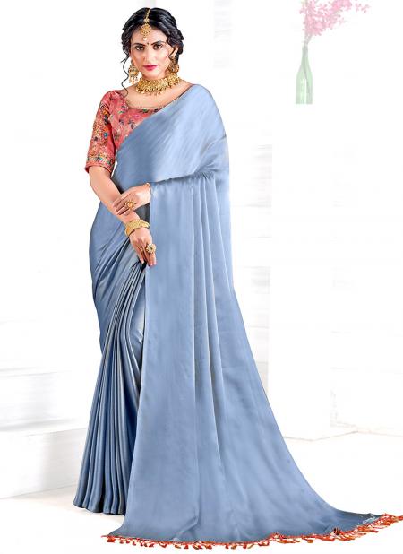 Blue Georgette Satin Party Wear Plain Saree