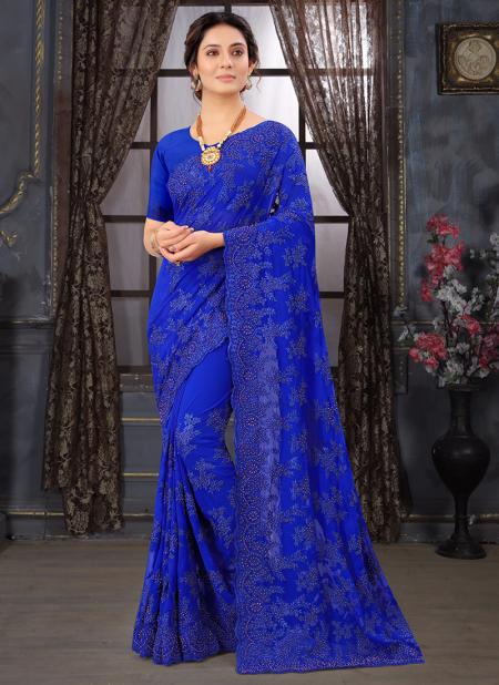 Blue Georgette Wedding Wear Embroidery Work Saree