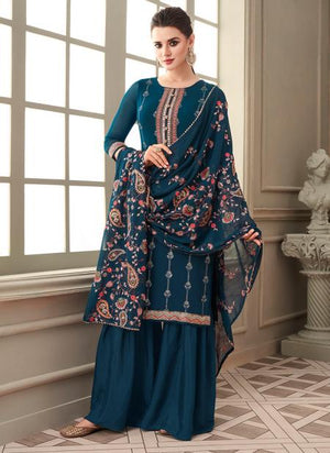 Blue Georgette Wedding Wear Embroidery Work Sharara Suit