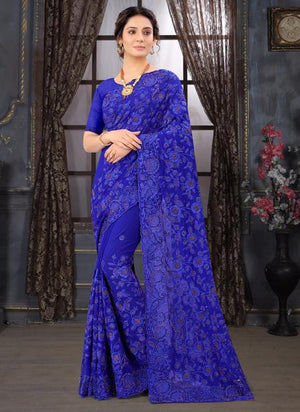 Blue Georgette Wedding Wear Moti Work Saree