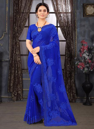 Blue Georgette Wedding Wear Resham Work Saree