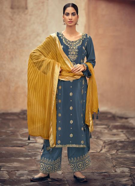 Blue Jacquard Silk Festival Wear Zari Work Palazzo Suit