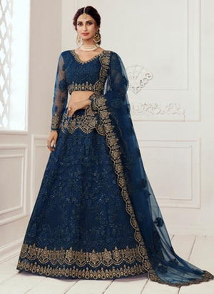 Blue Net Wedding Wear Thread Work Lehenga Choli