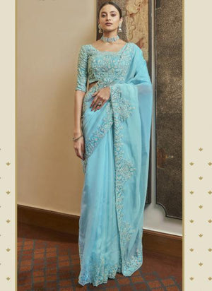 Blue Organza Party Wear Sequins Work Saree