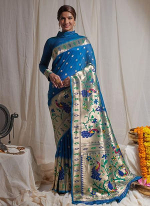 Blue Pure Silk Party Wear Weaving Saree