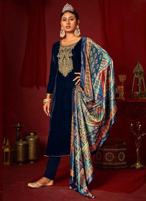 Blue Pure Velvet Traditional Wear Coding Work Salwar Suit