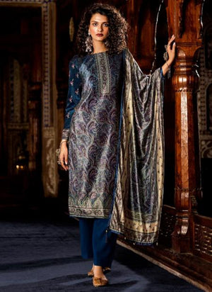 Blue Pure Velvet Traditional Wear Digital Printed Palazzo Suit