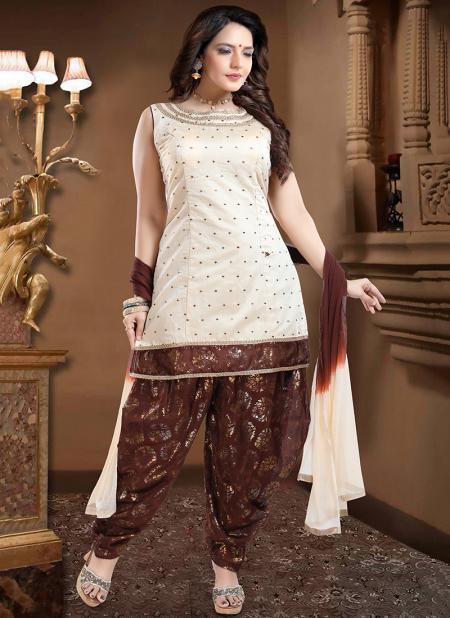 Brown Chanderi Silk Festival Wear Hand Work Readymade Patiala Suit