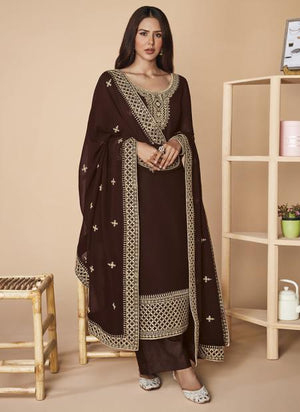 Brown Georgette Festival Wear Embroidery Work Palazzo Suit