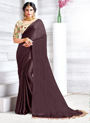 Brown Georgette Satin Party Wear Plain Saree