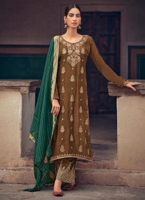 Brown Jacquard Silk Festival Wear Zari Work Palazzo Suit