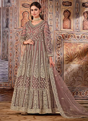 Brown Net Reception Wear Embroidery Work Anarkali Suit
