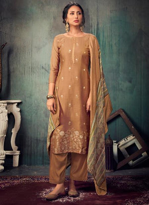 Brown Pure Muslin Festival Wear Sequins Work Straight Suit