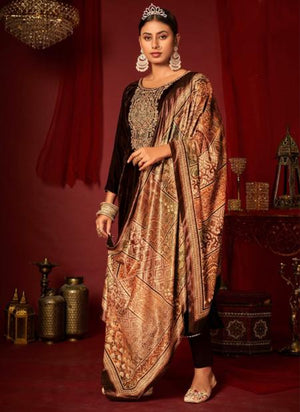 Brown Pure Velvet Traditional Wear Coding Work Salwar Suit