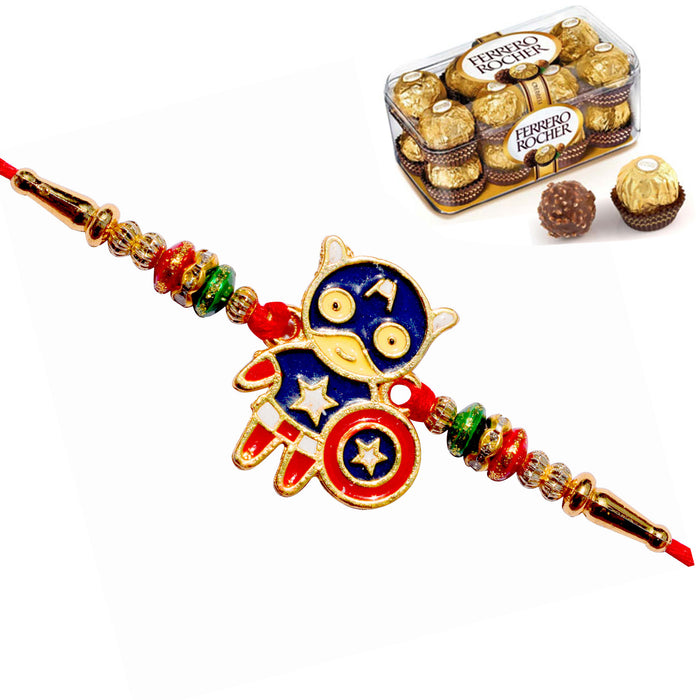 1 Rakhi - Captain America Rakhi With Ferrero Rocher Chocolate Box