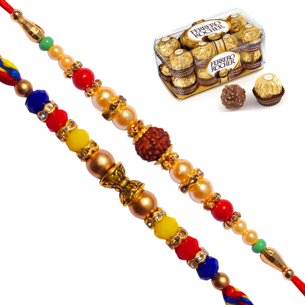 2 Rakhi - Colored Crystals and Rudraksh Rakhi With Ferrero Rocher Chocolate Box