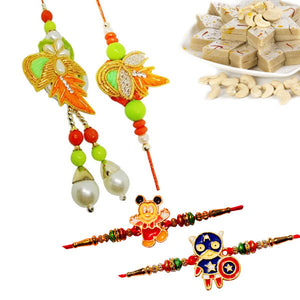 4 Rakhi - Couple Rakhi and 2 Kids Rakhi With Kaju Katli