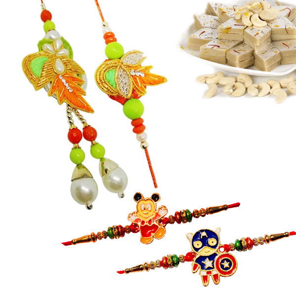 4 Rakhi - Couple Rakhi and 2 Kids Rakhi With Kaju Katli