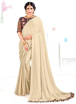 Cream Georgette Satin Party Wear Plain Saree