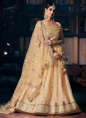 Cream Net Party Wear Sequins Work Lehenga Choli