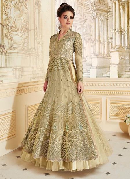 Cream Net Reception Wear Heavy Embroidery Work Anarkali Suit