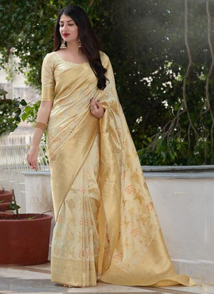 Cream Silk Reception Wear Weaving Saree