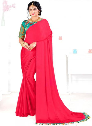 Dark Pink Georgette Satin Party Wear Plain Saree