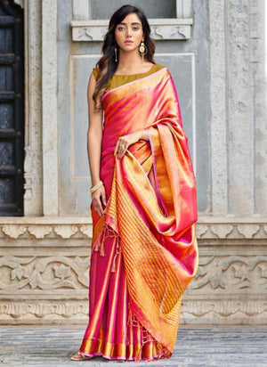 Dark Pink Linen Tissue Party Wear Weaving Saree