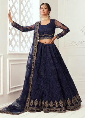 Deep Blue Net Wedding Wear Thread Work Lehenga Choli