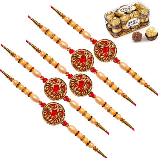 5 Rakhi - Designer Red Peacock Rakhi Set with Ferrero Rocher Chocolate Box