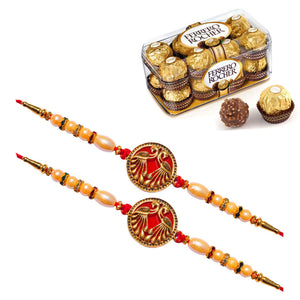 2 Rakhi - Designer Red Peacock Rakhis With Ferrero Rocher Chocolate Box