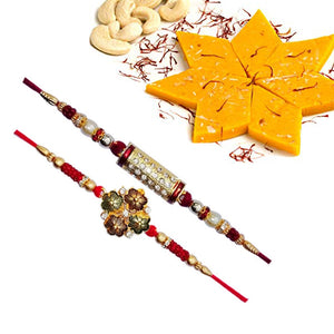 2 Rakhi - Diamond Rakhi With Fresh Kesar Kaju Katli Or Ferrero Rocher Chocolate Box