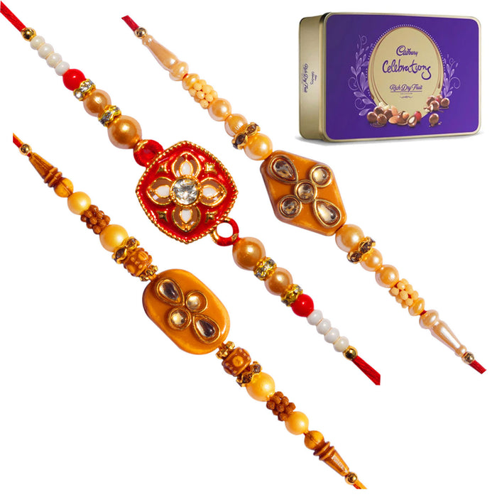 3 Rakhi - Fancy AD Rakhis With Cadbury Celebration Rich Dryfruit Chocolate Box