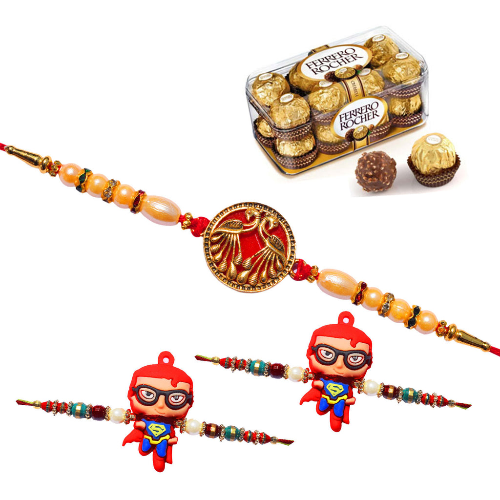 3 Rakhi - 1 Fancy Rakhi and 2 Superman Kids Rakhi With Ferrero Rocher Chocolates