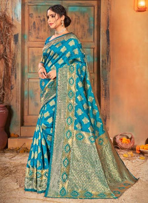 Firozi Banarasi Silk Traditional Wear Weaving Saree