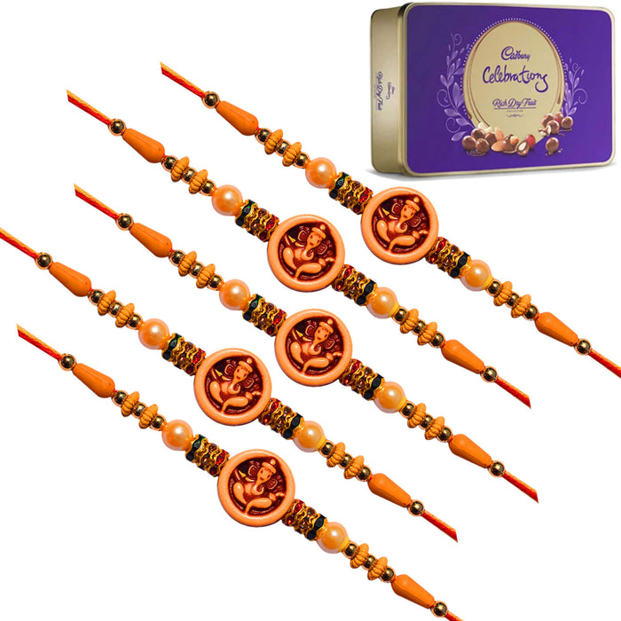 5 Rakhi - Ganeshji Rakhi Set with Cadbury Celebration Rich Dryfruit Chocolate Box