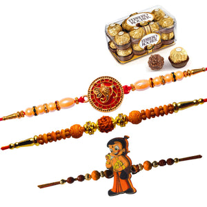 3 Rakhi - Ganeshji, Rudraksh and Chhota Bheem Rakhis With Ferrero Rocher Chocolate