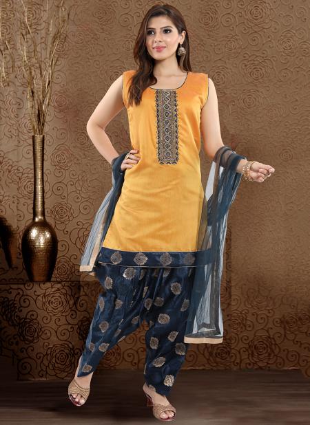 Gold Chanderi Silk Traditional Wear Hand Work Readymade Patiala Suit